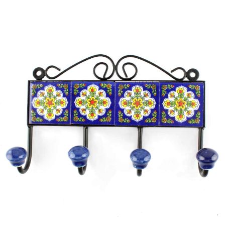 Navy Blue With White Ceramic Floral Tiles Hook 